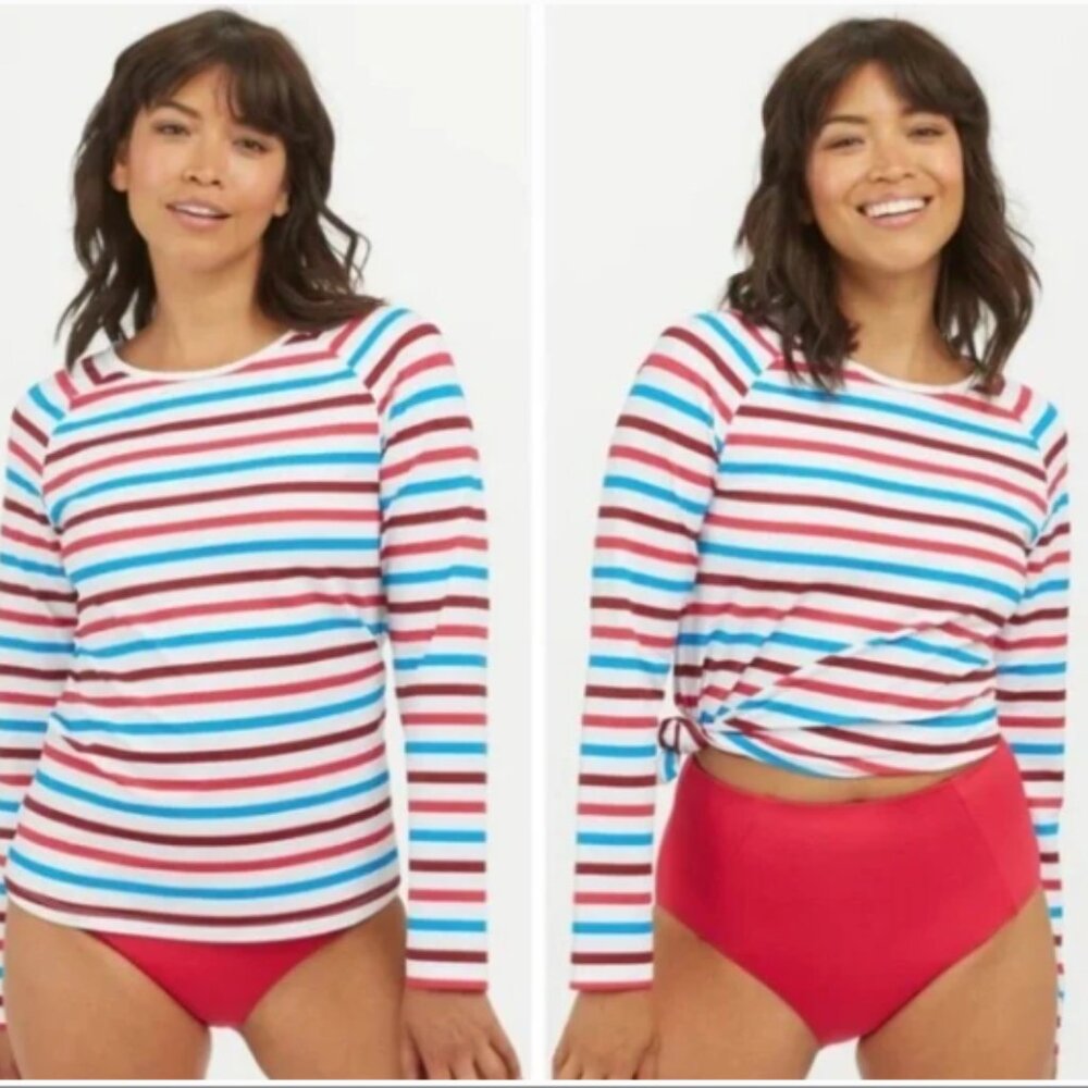 SPANX Long Sleeve Ocean Stripe Hibuscus Swim Shirt--NWT--M - Picture 2 of 14